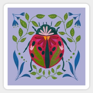 Whimsical Ladybug Insect Art with Flowers and Leaves Sticker